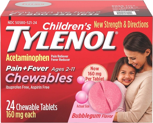 [BRSWECT7AR7RG2DB] Tylenol Chewables, Acetaminophen Pain & Fever Relief, Bubble Gum, 24 ct