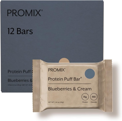[BRSRMCAROAIBE2AU] ProMix Nutrition Protein Puff Bars - Blueberries & Cream - Marshmallow Crispy Treat - Great Tasting & Healthy On The Go Snack - High Protein & Low Calorie - Free From Gluten, Soy, & Corn - 12 Bars