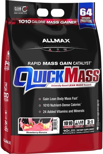 [BRSRMBT4BV4BQDY2] ALLMAX Nutrition QUICKMASS, Strawberry Banana - 10 lb - Rapid Mass Gain Catalyst - Up to 64 Grams of Protein Per Serving - 3:1 Carb to Protein Ratio - Zero Trans Fat - Up to 70 Servings