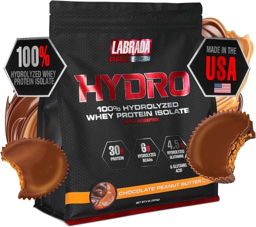 [BRSROGQTPMBRADQ6] LABRADA Hydro 100% Puro hidrolisado Whey Protein Isolate Powder, Lactose Livre, Glutamina, Whey Digesting mais rápido Disponível, Mistura instantânea, Delicious Sabor 45 Servings 4lb (Manteiga de Peanut)