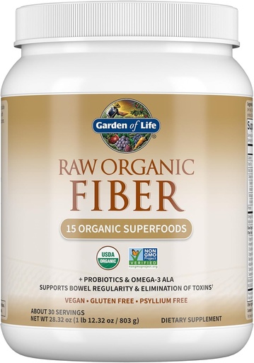 [BRSWIZQBOEIBEETE] Garden of Life Raw Organic Fiber Powder, 30 Servings, 15 Organic Superfoods, Probiotics, Omega-3 ALA, 4g Soluble Fiber, 5g Insoluble for Regularity, Psyllium Husk Free