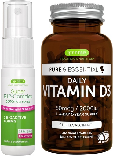 [BRSRAAQDOIIAGCTH] Daily Vitamina D3 + Super B12-Complex 5000mcg Vegetarian Bundle, 365 2000iu Vitamina D3 Tablete + Putere mare B12 Aroma de cireșe Spray sublingual, de Igennus