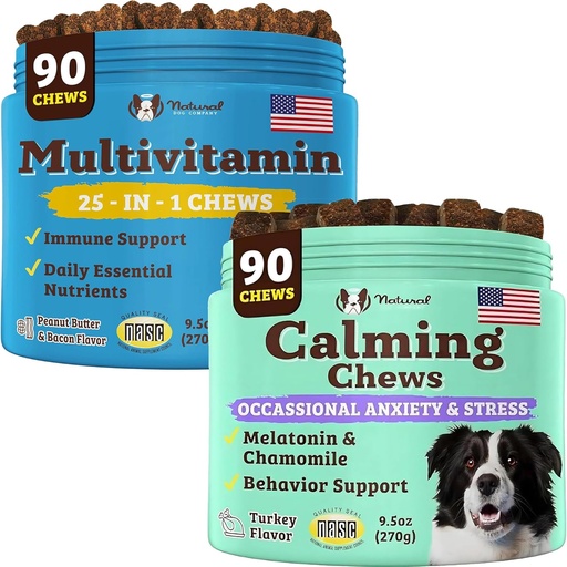 [BRSRMAI7BYHRQDTJ] Natural Dog Company Multivitamin and Calming Supplement Bundle, Daily Nutrients and Anxiety Relief for Dogs, Support Joint Health, Skin & Coat, Reduce Stress from Noise & Travel, Essential Vitamins