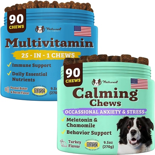 [BRSRMAI7BYHRQDTJ] Natural Dog Company Multivitamin and Calming Supplement Bundle, Daily Nutrients and Anxiety Relief for Dogs, Support Joint Health, Skin & Coat, Reduce Stress from Noise & Travel, Essential Vitamins