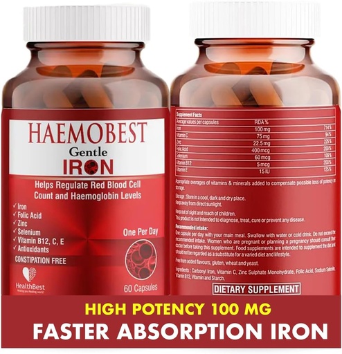 [BRSWYCQ6PIBGME3D] HealthBest høj potens Gentle jernkapsler 100mg • 124; Slow Release Jern til hurtigere absorption, Non- Constipating • 124; C-vitamin, B12, Folate Zink & Selenium til anæmi, hæmoglobin & immunforsvar • 124; 60 Tælling