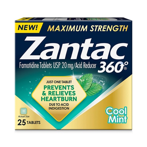 [BRSRMBALCEGQ2CLA] Zantac 360 Maximum Strength, Cool Mint, 25 Count, Heartburn Prevention & Relief, 20mg Tablets