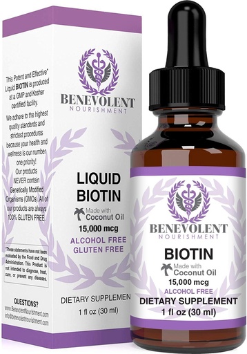 [BRSWGCQKOADWM2A7] Benevolent Liquid Biotin 15000 mcg - Infused with Coconut Oil for 5X Absorption, Non-GMO & Vegan Friendly Biotin for Hair Growth Glowing Skin and Strong Nails