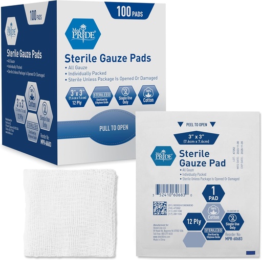 [BRSWGHANBB6AGFY6] MED PRIDE Sterile Gauze Dressing Pads, 12 Ply Highly Absorbent Cotton, Individually Wrapped, Non Stick, Painless Removal (3x3 Inch (Pack of 100))