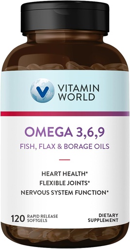 [BRSWGFAPPJ6WO336] Vitamin World Triple Omega 3-6-9 3000mg with Fish, Flax, Borage & Evening Primrose Oils, Omega-3 Fatty Acids with EPA & DHA, Supports Heart, Brain & Immune Health, Gluten Free, 120 Softgels