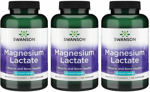 [BRSWGZIBDF4A2GTU] Swanson Magnesium Lactate - 근육과 뼈 건강 지원 촉진 - Gentle Absorption 용 Lactose-Free Lactate Mineral Form - (120 캡슐, 84mg 각각) 3 팩