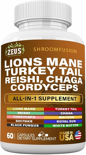 [BRSROATRBF5GGD3D] Lions Mane 300mg Turkey Tail 2000mg Cordyceps Chaga 1000mg Reishi 1000mg Maitake Meshima Poria Cocos Shiitake Oyster Porcini Enoki Mushroom Supplement (60Ct)
