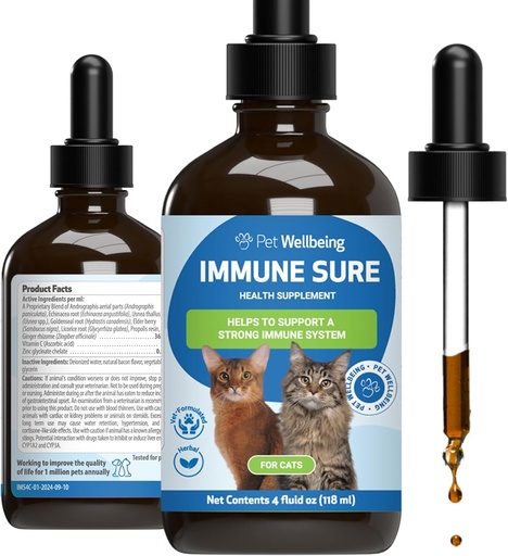 [BRSRAHYPC4NQ2CD5] Pet Wellbeing Immune Sure for Cats - Supports Normal Immune Defenses, Gut Flora Balance, Andrographis, Echinacea, Vitamin C, Zinc - Veterinarian-Formulated Herbal Supplement 4 oz (118 ml)