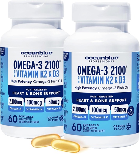 [BRSROHQLO4NGAAD4] Oceanblue Professional Omega-3 2100 with Vitamin K2 and Vitamin D3-60 Count 2 Pack- Triple Strength Burpless Fish Oil Supplement with EPA, DHA & DPA - Wild Caught - Orange Flavor, 60 Servings