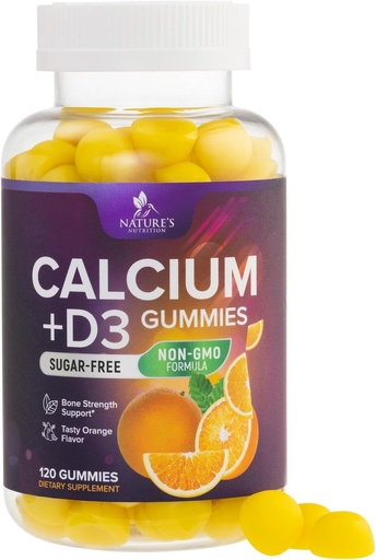 [BRSWYAIYOEAQE23D] Kalsium Supplement Gummies - Sukkerfri Kalsium Gummy med 400 IE vitamin D3 for beste absorpsjon - støtter immun helse, bein og tenner - Naturens kalsium Chews for kvinner og menn - 120 Gummies