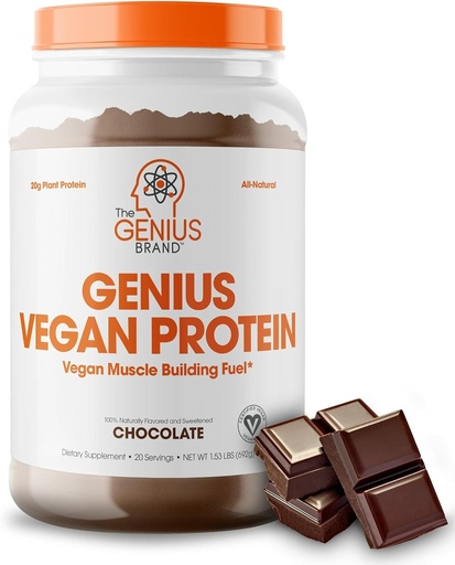 [BRSWGBL7BANGACD4] Genius Vegan Protein Powder, Chocolate - Plant-Based Lean Muscle Building Shake for Men & Women - Pea & Pumpkin Protein Sources - Naturally Flavored & Sweetened - Dairy & Lactose Free