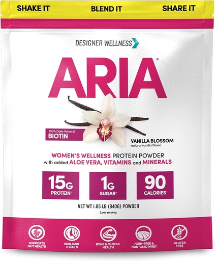 [BRSW2BQ7AANWG3QY] Σχεδιαστής Wellness, Aria, Wellness γυναικών χαμηλής περιεκτικότητας σε θερμίδες Vanilla Protein Powder με βιοτίνη, βιταμίνη C και οργανική αλόη, Vanilla Blossom, 1,85 Λίρες