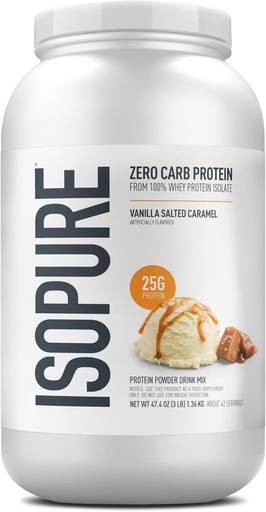 [BRSWGZILBYMAKD3U] Isopure Zero Carb 100% Pure Whey Isolate Protein Powder, Lactose Free, Gluten Free, With Vitamins, Vanilla Salted Caramel, 25g Protein Per Serving, 3 Lbs, 42 Servings (Packaging May Vary)