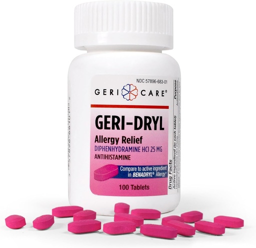 [BRSWG2TQOQHGMD3A] Geri-Dryl Allergy Relief Tablets (100 Count) by GeriCare| Diphenhydramine HCI 25mg Antihistamine Tablets for Sneezing, Runny Nose, Itchy Throats & Eyes| Anti-Allergy Medicine for Adults & Kids