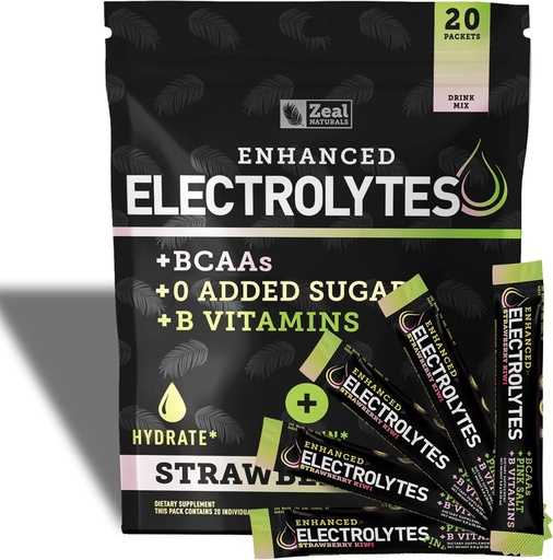 [BRSROYICBUNQIFIZ] Verbesserte Elektrolyt-Pulver-Stick-Packs (Strawberry Kiwi | 20 Packets) w/ 0 Sugar +BCAAs +B-Vitamine Elektrolyt-Ergänzung mit Kalium Zink & Magnesium für Hydration - Keto-Elektrolyte