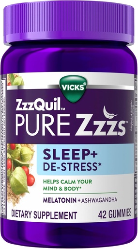 [BRSWGHAYAQPBEALH] ZzzQuil PURE Zzzs De-Stress Melatonin Sleep Aid Gummies, Helps Calm Your Mind and Body, Ashwagandha for Stress Support, Sleep Aids for Adults, 1 mg per gummy, 42 Count