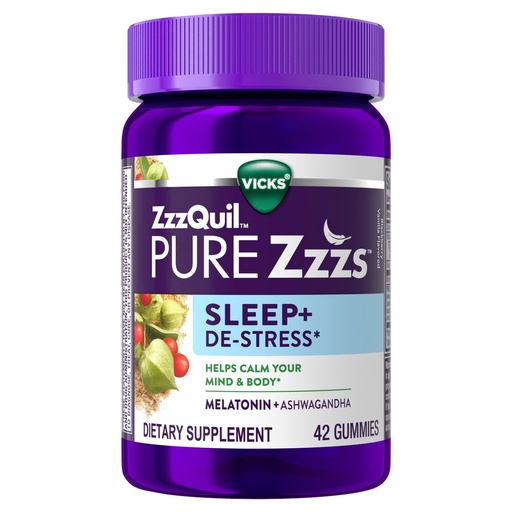 [BRSWGHAYAQPBEALH] ZzzQuil PURE Zzzs De-Stress Melatonin Sleep Aid Gummies, Helps Calm Your Mind and Body, Ashwagandha for Stress Support, Sleep Aids for Adults, 1 mg per gummy, 42 Count
