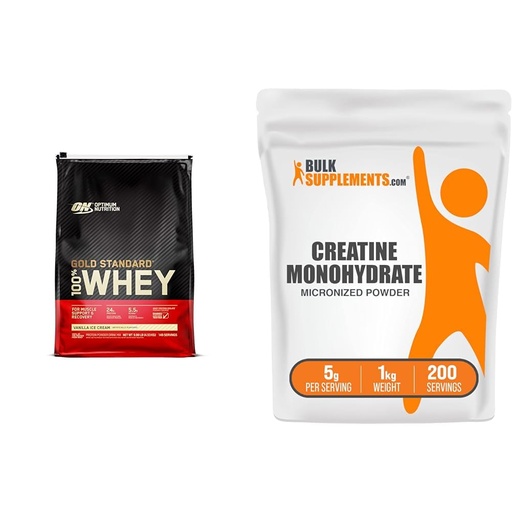 [BRSROCYKPJ6GMDTO] Optimum Nutrition Gold Standard 100% Whey Protein Powder, Vanilla Ice Cream, 10 Pound (Packaging May Vary) & BulkSupplements Micronized Creatine Monohydrate Powder (1 Kilogram)
