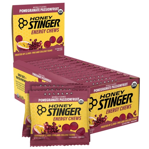 [BRSWIYALAQGGMA3G] Honey Stinger Organic Pomegranate Passionfruit Energy Chew, Gluten Free & Caffeine Free, for Exercise, Running and Performance, Sports Nutrition for Home & Gym, Pre and Mid Workout, 12 Pack
