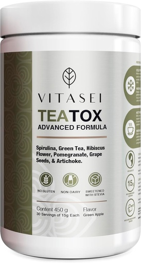 [BRSROGAPAEBB43DP] Vitasei Teatox Detox & Cleanse Support Powder, Digestion Booster W/Green Tea, Spirulina, Artichoke, Jamaican Flower & Grape Seeds, Support Supplement & Meal Replacement Powder, Green Apple Flavor 16oz