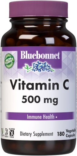 [BRSWIYQTPJ5GKCLO] Bluebonnet Nutrition Vitamina C 500 mg Cápsulas vegetales, ácido ascórbico, para la salud inmune y la salud de la piel, vegano, vegetariano, no GMO, libre de gluten, libre de soja, libre de leche, Kosher, 180 cápsulas vegetales