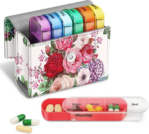 [BRSW2YYDDEBBQCIY] FINPAC Weekly Pill Organizers 4 Times A Day, Slide Open PU Leather Case Travel Pill Vitamin Medicine Remin and Planner with Name Card for morning) afternoon) Bedtime (Festival)