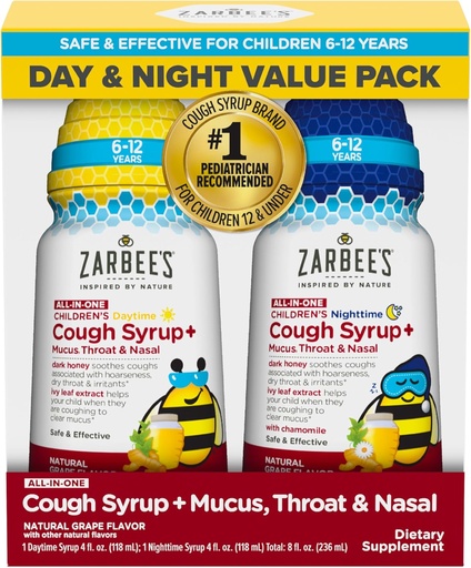 [BRSW2CDQDJYRUCL4] Zarbee's Children's All-in-One Honey Cough Syrup + Mucus, Throat & Nasal Day & Night Value Δύο πακέτα για παιδιά 6-12 + Dark Honey, Ivy Leaf Extract, Zinc Turmeric Root & B-Vitamins, Grape, 2 x 4 fl. Oz