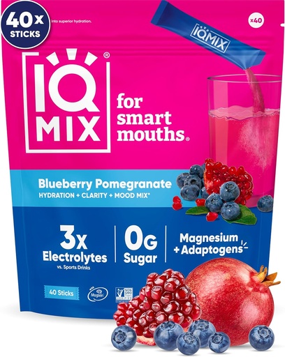 [BRSROBDQOAMBYGY7] IQMIX Hydration Electrolyte Powder – 4-in-1 Formula for Hydration, Mental Clarity, Mood and Recovery – Sugar-Free Drink Mix, Keto, Magnesium L-Threonate, Lion’s Mane – 40 Count Blueberry Pomegranate