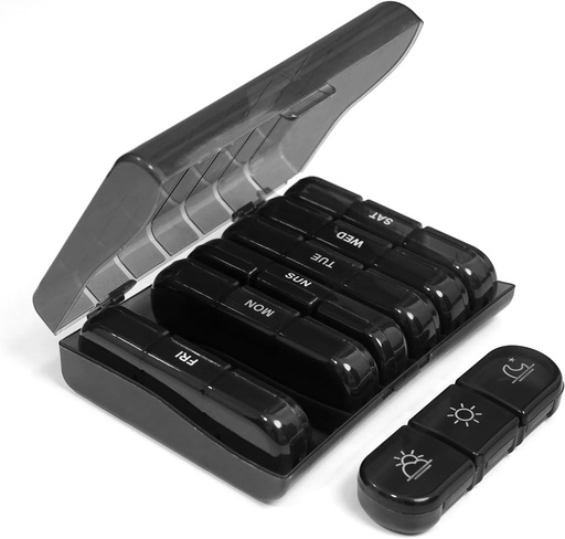 [BRSRAH37OEHQ4YL7] SenyerKare Weekly Pill Organizer 3X par jour, Pill Dispenser 3 fois par jour, Portable Pill Box 7 jour avec grands contenants de pilules, cas de pilule pour la médecine de tenir les vitamines / huile de poisson / suppléments, noir