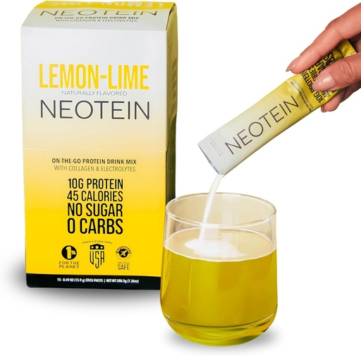 [BRSRM2QRBUCRU2TD] NEOTEIN: Elektrolyte Toz Paketleri, Protein Toz 10g protein & Collagen | Hydration Packets - Zero Sugar, NO Fillers, NO Carbs | Lemon Lime | 45 Calories | Hua & Paleo | 15 Paket