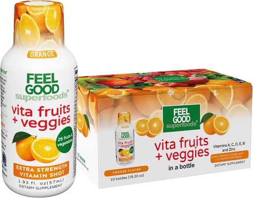 [BRSWYGL3O4ARUFI3] FeelGood Superfoods Vita Fruits and Veggies Immune Support Shot Supplements, Orange Flavor, Pack of 10 Immunity Shots, Immune System Booster Drink Made with 25 Organic Fruit & Vegetables