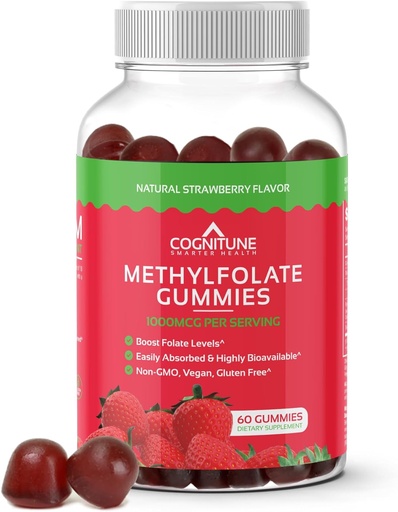 [BRSROAITA4BGYG32] Gommies de Méthylfolate de CogniTune - Facile à prendre à haute puissance L-méthylfolate, supplément de folate pour le cerveau, la santé cardiaque et l'immunité, goût de fraise délicieuse, non-OGM, végétalien, sans gluten