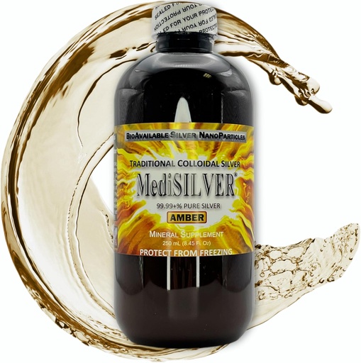 [BRSRMYYKBYBBS3Q7] MediSILVER Amber Immunity Booster Traditional True Colloidal Silver AgNP Nutrient - 250 mL in Amber Plastic Bottle