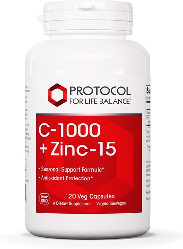 [BRSWIYQGCAOB43LG] PROTOCOL FOR LIFE BALANCE C-1000 + Zinc-15 - Vitamin C & Zinc Bisglycinate - Immune Support Supplement - Antioxidants Supplement - with Ascorbic Acid - 120 Veg Capsules