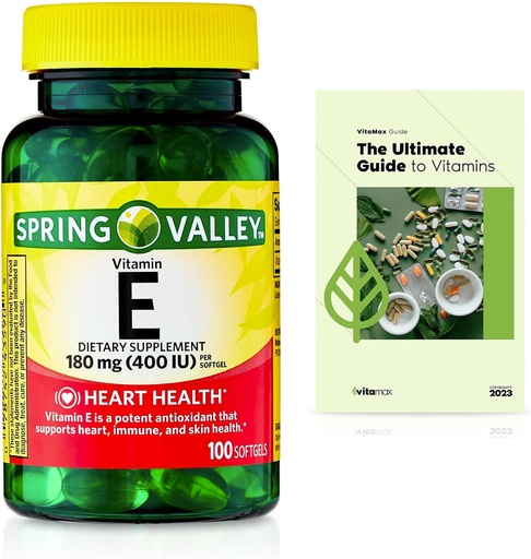 [BRSROHQYBZ7BQ3A2] Spring Valley Vitamin E Heart Health Dietary Supplement Softgels, 180 mg (400 IU), 100 Count + Exclusive VitaMax Vitamin Guide (2 Items)