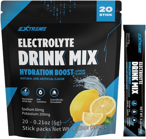 [BRSRAH33OJYBEYDL] Extreme Electrolyte Drink Mix with Sodium 60mg, Potassium 200mg, Taurine - Hydration Powder, Zero Sugar, Zero Caffeine, Non GMO, Zero Gluten, Low Calorie, Lemon Flavor (20 Packets, 20 Days Supply)