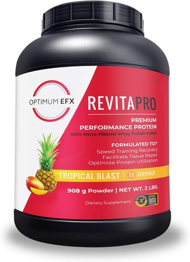 [BRSWICQTAVYGEEQ7] RevitaPRO, Premium Performance Protein, 100% mikrofiltrowany izolat białka serwatki, naturalnie słodzony, bez soi, bez dodatku cukru, zero sztucznych składników -2 funt (Tropical Blast)