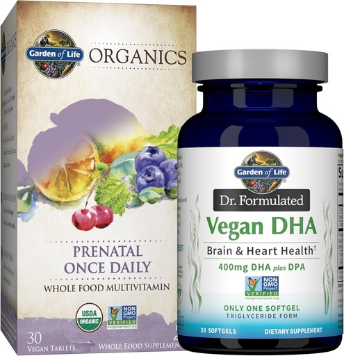 [BRSRM2Y7OB6BE3Q2] Garden of Life Once Daily Vegan DHA + Prenatal Multi Bundle: Dr Formulated Vegan DHA 30 Softgels + Organics Prenatal Once Daily Multivitamins with Folate for Women’s Prenatal Health, 30 Tablets
