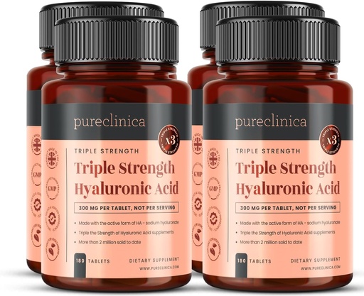 [BRSWIFIQDF7GGGTI] pureclinica Triple Strength Hyaluronic Acid 300mg x 720 Tablets (4 Bottles of 180) - 2 Years Supply