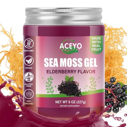 [BRSROHQ5CMHBSDY7] (8 OZ) Sea Moss Gel Organic Raw Elderberry Flavored Irish Seamoss Men Women Natural Vegan 102 Vitamins and Minerals Wild Harvested Non-GMO Immune Defense Booster Lung Thyroid Digestive Support