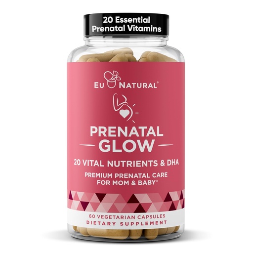 [BRSWGAYDPN5G2DTF] Eu Natural Glow Prenatal Vitamins for Women - 20-in-1 Prenatal Multivitamin with Folate & Vegan DHA - Supports Healthy Pregnancy, Fetal Development & Mom’s Comfort - 60 Vegetarian Capsules