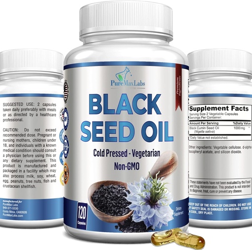 [BRSW2CQDPMBW23TL] Cold Pressed Black Seed Oil - 120 kapsler, Premium Nigella Sativa Pure Black Cumin Seed Oil med E-vitamin, til hår, hud og immunforsvar - non-GMO 120 kapsler