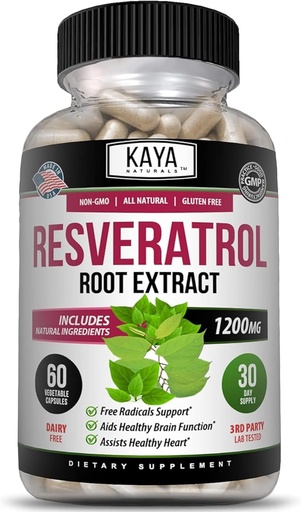 [BRSW2ELRO4FGYG3L] Kaya Naturals - Resveratrol Capsules - Anti Aging Supplement - Antioxidants with Brain Support - Maximum Benefits - 60 Veggies Capsules