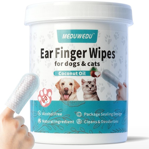 [BRSROHATAF5BQ2YV] MEDUWEDU Ear Cleaner Finger Wipes 60 Counts, Dog Ear Cleaner, Grooming Kit Care for Dogs and Cats, Soft & Easy Otic Cleaning Pads, Remove Wax, Dirt & Stop Smelly, Itchy, Non-Irritating, Coconut Scent