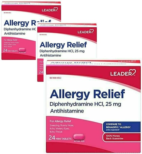 [BRSWGAAOPMAQEC3O] Leader Antihistamine Allergy Relief Diphenhydramine HCl, 25mg Mini Tablets, 24 Count Pack of 3