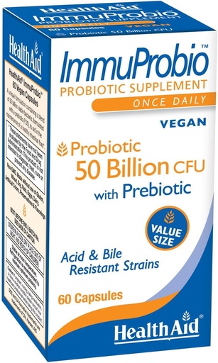 [BRSWIEYECIGWIH3I] HealthAid ImmuProbio 60 Caps - 프리 바이오 틱스 50 억 CFU, 매일, 산 및 Bile 저항하는 균류, Vegan